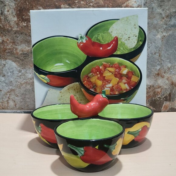 Clay Art Condiment Dish 3 Section Bowl Relish Chili Pepper Jalapeno Center - Picture 1 of 11